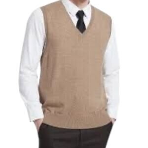 KALLSPIN Mens Wool Blend Sweater Vest Large Brown V-Neck Classic Preppy Workwear